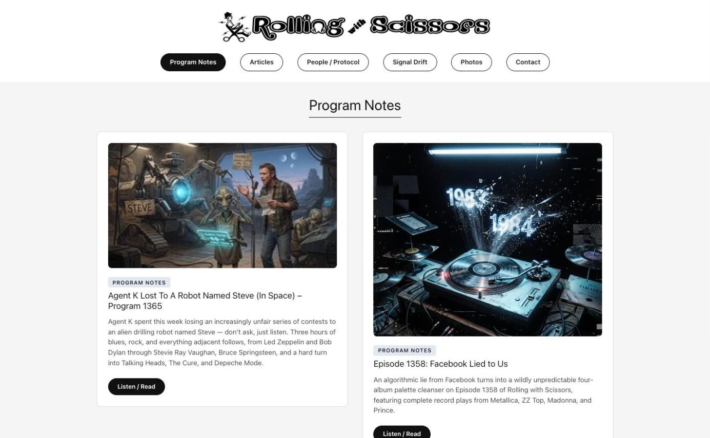 The Broadcast Editorial homepage on rwsradio.com: a logo header, pill-shaped navigation buttons, and a Program Notes section showing the two newest episodes as large image cards.